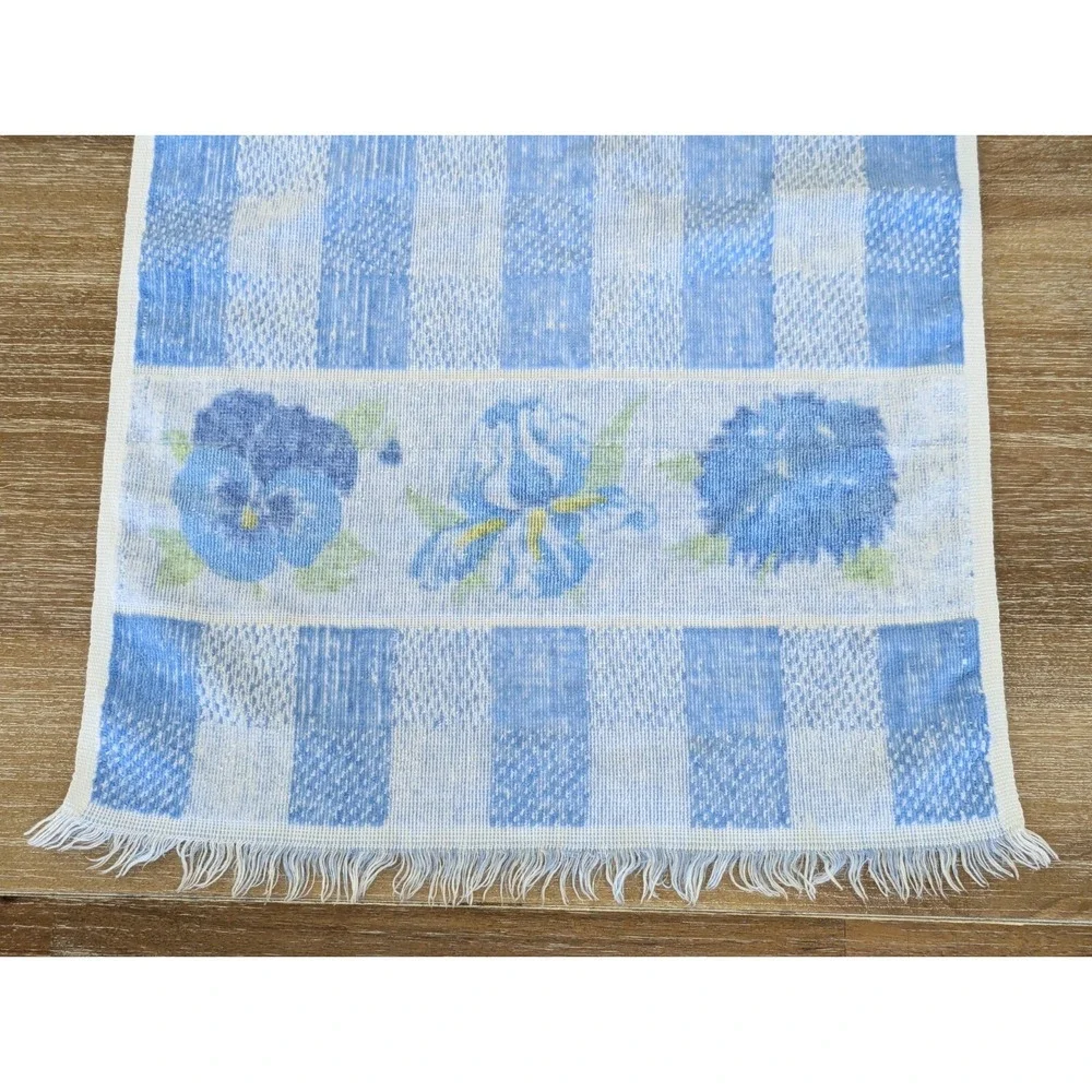 Vtg 70s Lady Pepperell Blue Check Plaid Floral Bath Hand Towel Set Cottagecore